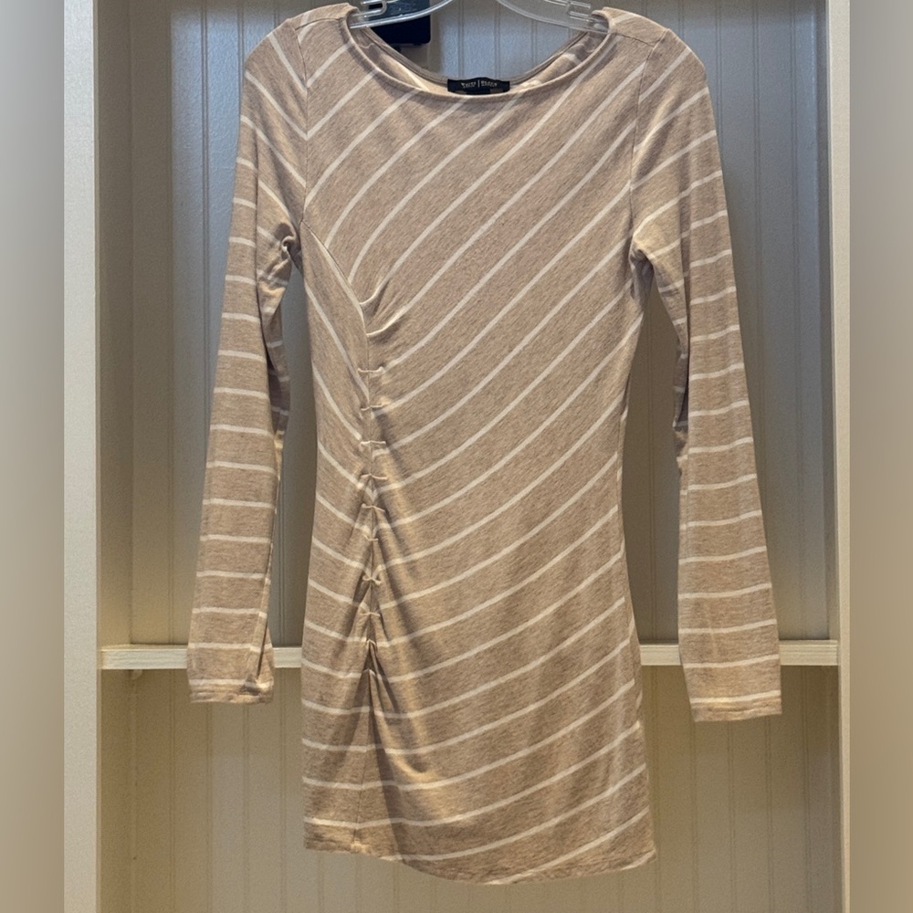 White House Black Market Beige Ruched Striped Long Sleeve Tunic Top | S